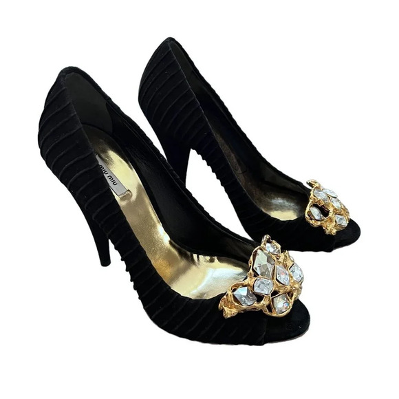 Miu Miu Black Suede Crystal Peep Toe Pumps - Picture 1 of 11